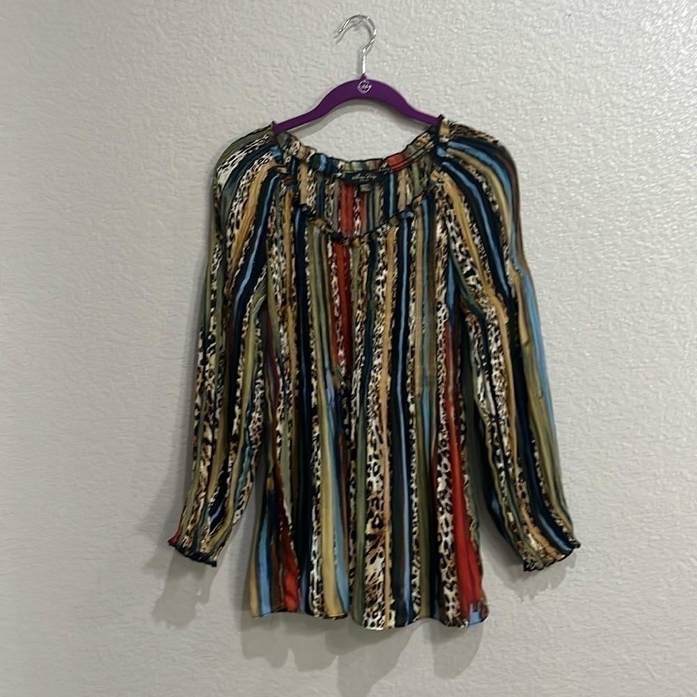 MELISSA PAIGE Multicolor Accordion LS Crinkle Pleated Tunic Boho Top Sz Petite M